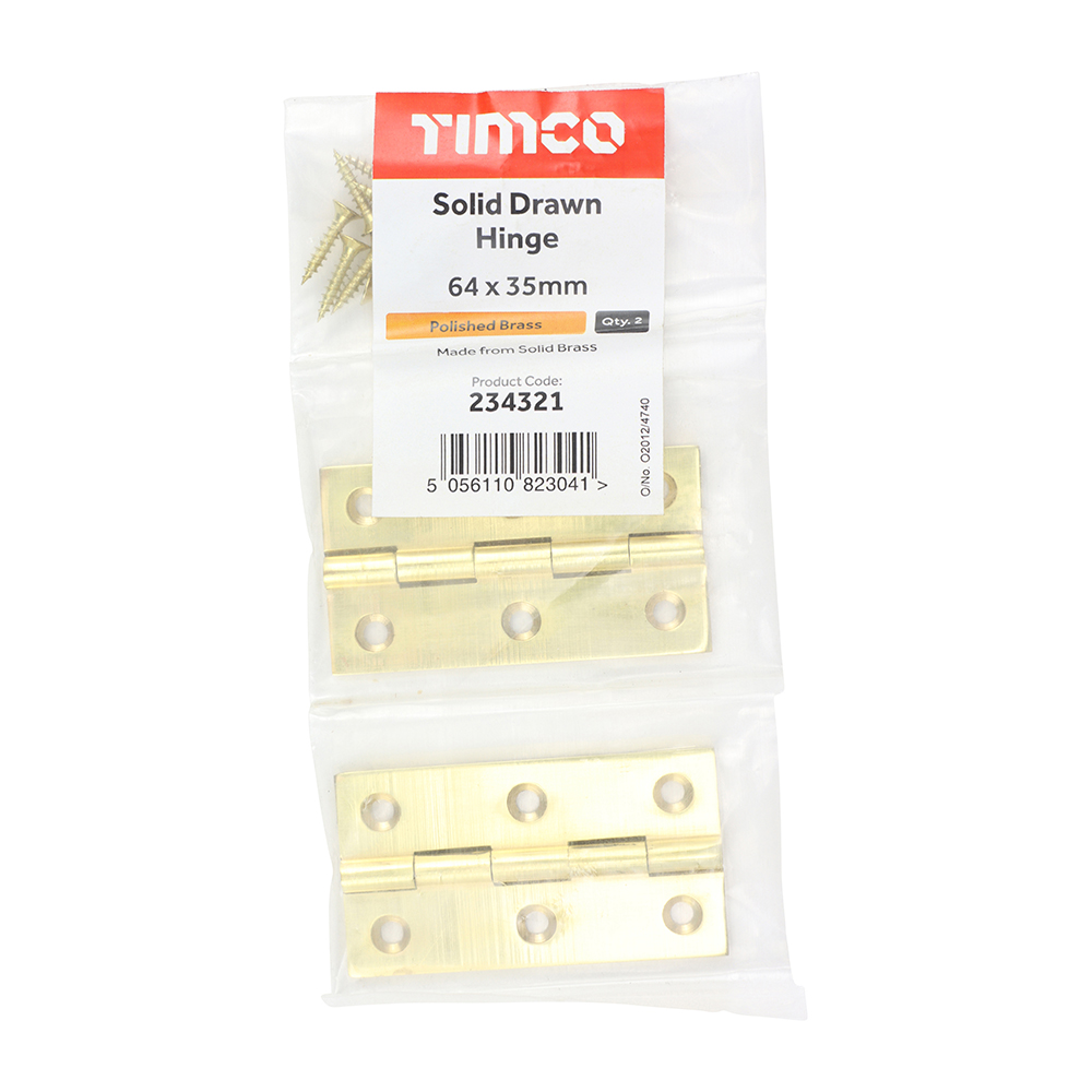 Solid Drawn Hinge - Solid Brass - Polished Brass 64 x 35 - Image 2