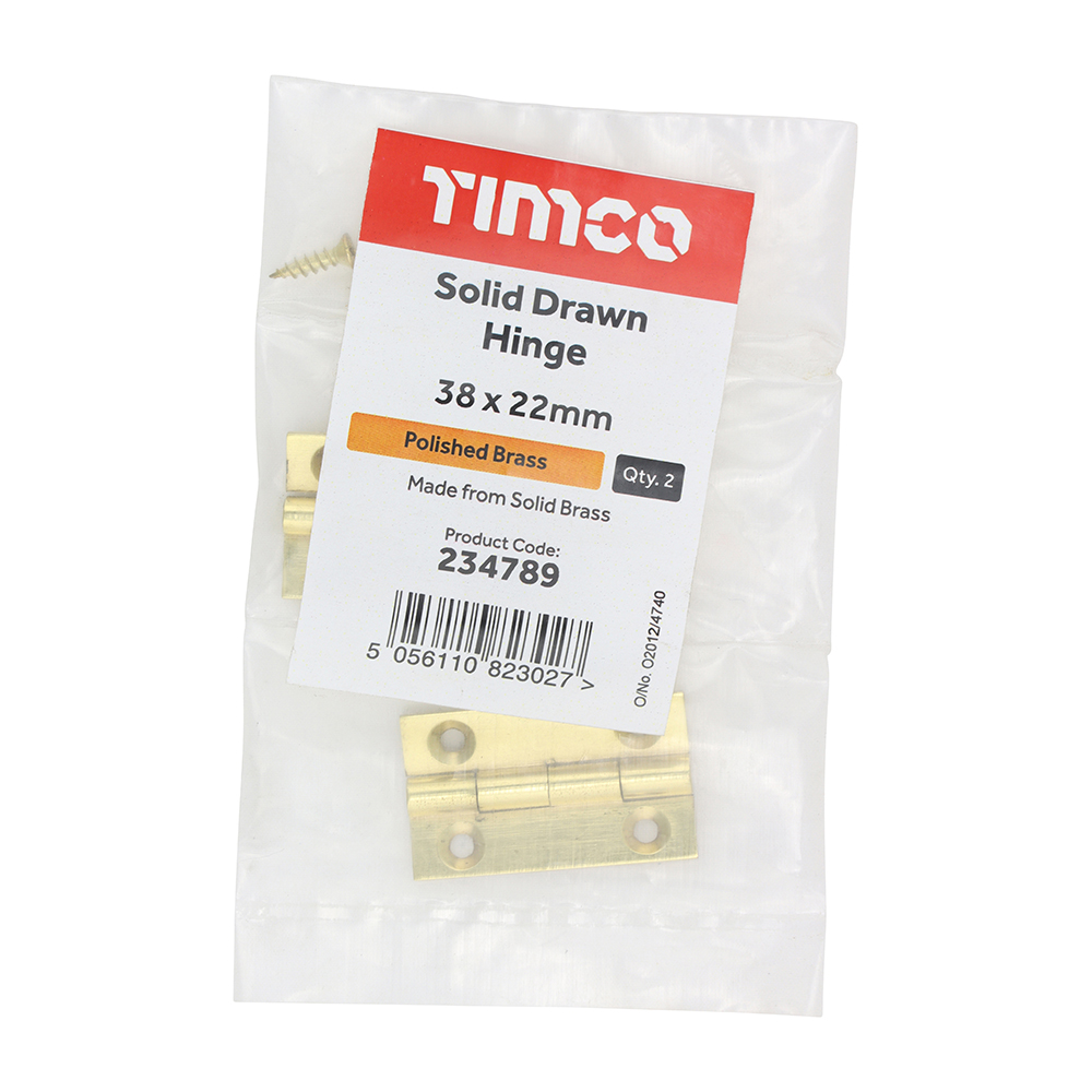 Solid Drawn Hinge - Solid Brass - Polished Brass 38 x 22 - Image 2